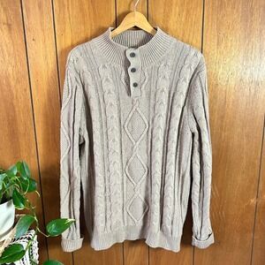 Vintage Lee Large Cable Knit Henley Sweater Tan Speckled Donegel Fisherman Style